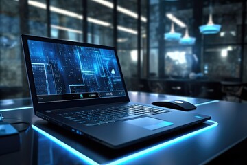 Poster - a close up of a sleek laptop with a futuristic display or a high tech conference room setup. Generative AI