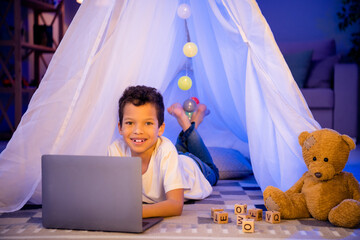 Sticker - Photo of cute adorable little brother boy using netbook learning educational courses at night in homemade camp