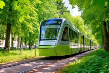 Wall Mural - Low - angle shot of a modern electric tram passing by, showcasing the eco - friendly nature of public transportation. Generative AI