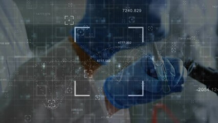 Poster - Animation of dna structure and scope against mid section of male scientist working at laboratory