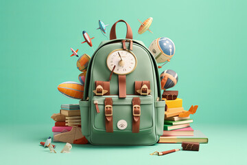 Kids school colorful backpack on green background.