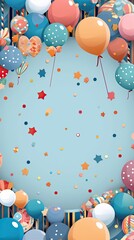 Poster - Creative birthday composition with multi-colored balloons and stars on light blue background