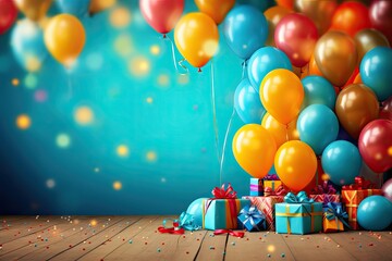 Poster - Paper present boxes with bows put near bright multi-colored balloons in corner of room