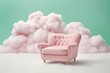 A pink chair in a dreamy cloud-filled environment