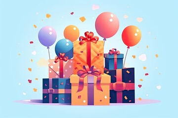 Poster - Multi-colored paper boxes with secret presents attached to bright inflatable balloons