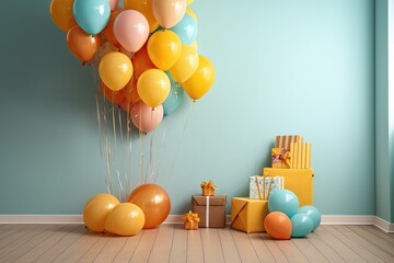 Poster - Present boxes of different sizes standing near bunch of multi-colored inflatable balloons