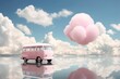 A pink van levitating in a surreal sky