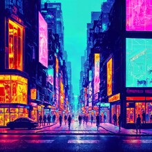 Crowd Of People In Neon City World At Night, Generative AI