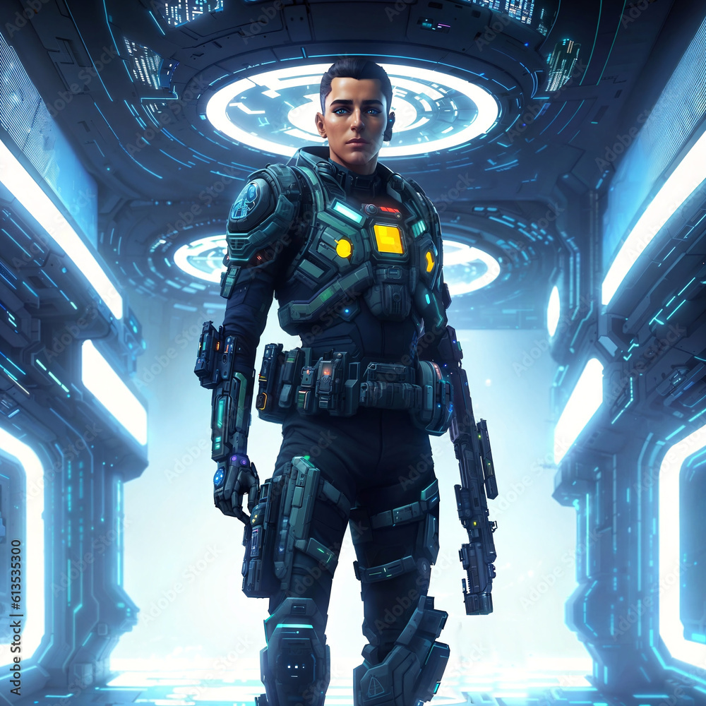 futuristic of future soldier army in armor suit at modern world, generative AI