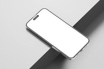 realistic single mobile phone pro max 14 gadget device with blank empty display screen mockup in modern minimal scene isolated in white studio background 3d render illustration