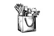 © Artem - Grocery bag full of food engraving sketch vector hand-drawn illustration.