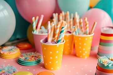 colorful paper cups, napkins, and plates on the party table, enhancing the kids birthday celebration