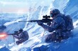 Winter arctic mountains warfare. Action in cold conditions. Troopers with weapons in forest somewhere above the Arctic Circle
