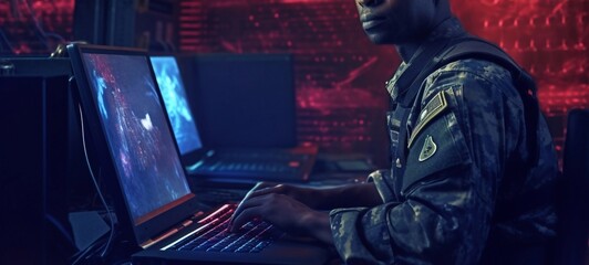 American soldier in military uniform using high tech computer in headquarters intelligence center. Focus on US ARMY tag and USA flag patch on uniform.