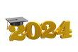 Class of 2024 3d icon. Congratulation graduates design template with cap and numbers. Gold graduation typography illustration for ceremony, party, greeting card, invitation isolated transparent png