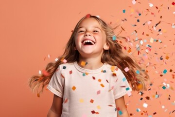 Poster - Pure happiness radiates from birthday girl laughs and enjoys enchanting sight of falling confetti.