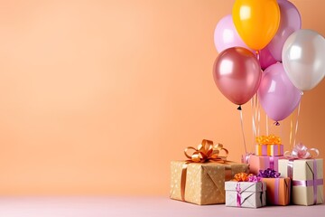 Aufkleber - Various present boxes with bows and inflatable balloons birthday pastel background copy space