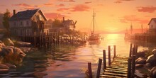 AI Generated. AI Generative. Old vintage retro harbor bay fishing village. Wooden houses at river with sail boat ships. Graphic Art