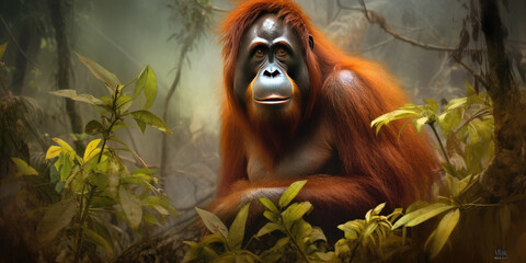 Portrait of an wild orangutan in the jungle. Generative AI