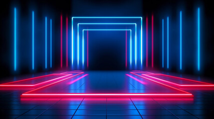 Empty red and blue glowing neon light stage background for E-sport design. Abstract futuristic neon light stage background. Stage room with red and blue neon led lines.