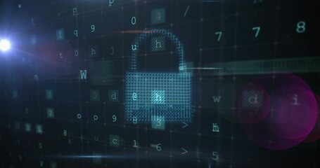 Poster - Animation of cyber security data processing and icons against light spot on black background