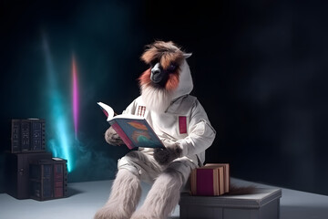 Wall Mural - space astronaut llama reads book in dark studio background, Generative AI