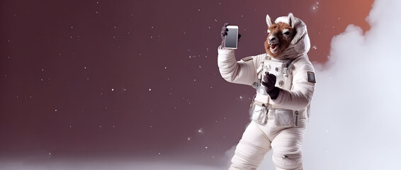 Wall Mural - text space banner with llama astronaut holding smartphone, generative AI