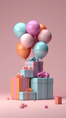 Poster - Pastel colored paper present boxes with colorful ribbons and inflatable balloons