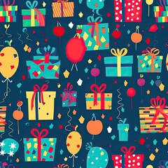 Poster - birthday seamless pattern with sweets balloons and wrapped present boxes on dark blue background