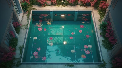 Wall Mural - Pool with lilies in luxury palace, top view, 3d render, Bright color. Generative Ai