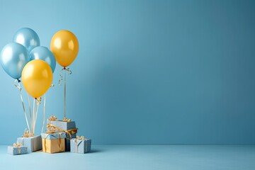 Aufkleber - Various present boxes with bows and inflatable balloons birthday blue background copy space