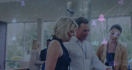 Poster - Animation of globes of digital icons against diverse businesspeople discussing together at office