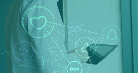 Poster - Animation of network of digital icons over biracial man using digital tablet and smiling at office