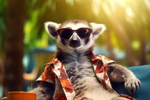 Lemur Character In Sunglasses Sunbathing On A Deckchair During A Tropical Summer Vacation, Generative AI