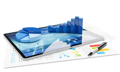 Fototapete - Three-dimensional graph models on tablet pc and financial report document isolated on white background. 
