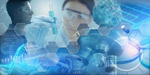 biochemistry research conceptual background. chemist technicians studying chemical samples in hospit