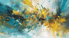 Fine Art Abstract Painting: Blue, Gold, And Ink Splashes On A Coloured Textured Background, Generative AI