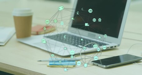 Poster - Animation of globe of digital icons spinning against office equipment on wooden table