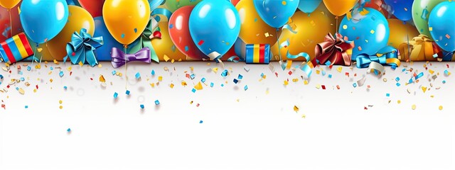 banner for festive birthday celebration for kids, multi-colored balloons and bright confetti.