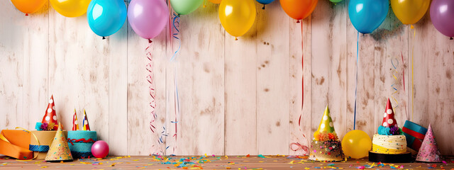 Poster - Vibrant birthday party scene with colorful cone hats, confetti, balloons creating joyful atmosphere