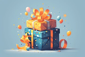 Poster - yellow and blue colored paper present boxes with colorful ribbons on blue background