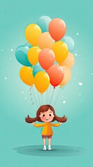 Poster - Happy birthday girl smiling with inflatable balloons on blue background