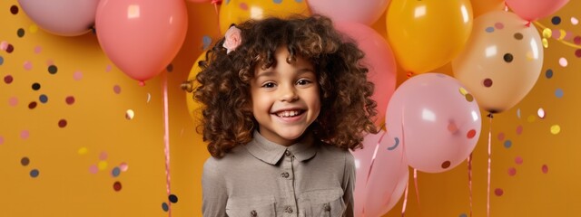 Poster - birthday girl smile complemented by vibrant inflatable balloons and confetti on orange backdrop