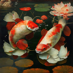 Two Koi Carp Swims In A Pond On A Moonlit Night