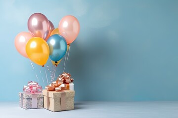 Aufkleber - Various present boxes with bows and inflatable balloons birthday background copy space
