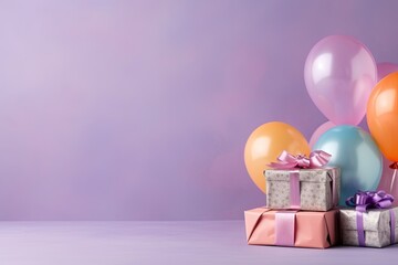Aufkleber - Various present boxes with bows and inflatable balloons birthday vibrant background copy space