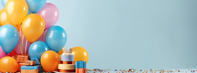 Aufkleber - colorful present boxes, birthday cake and inflatable balloons birthday confetti background banner