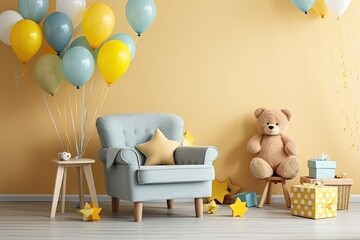 Poster - Festive birthday decor fills room with present boxes and a cluster of vibrant inflatable balloons