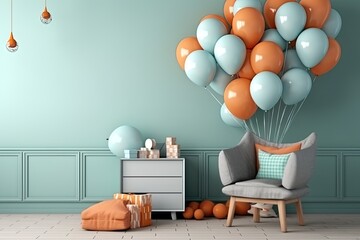 Poster - vibrant birthday decoration room, featuring present boxes and bunch of colorful inflatable balloons