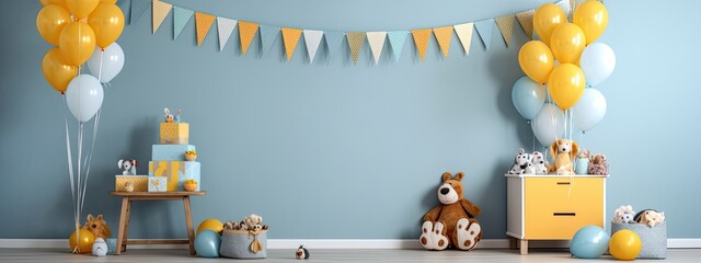 Poster - haven of birthday cheer, decked out with gift boxes and a bunch of colorful inflatable balloons.